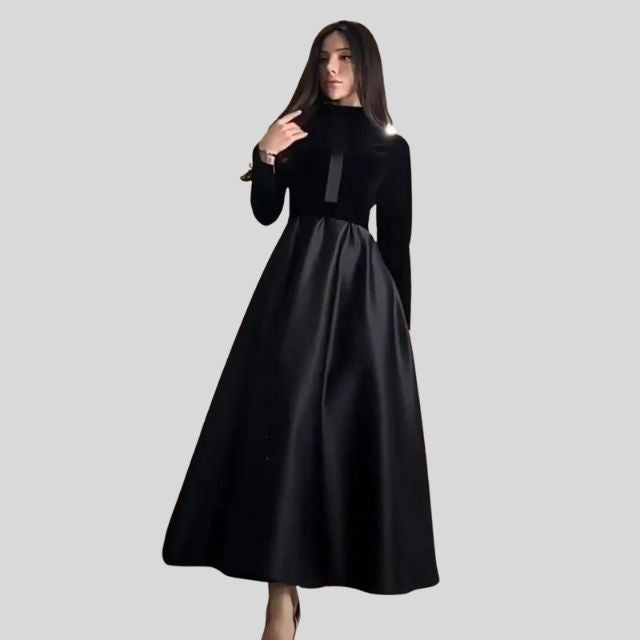 Chic Velvet Turtleneck Dress with Flared Skirt