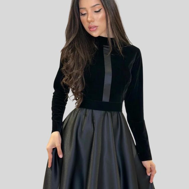 Chic Velvet Turtleneck Dress with Flared Skirt