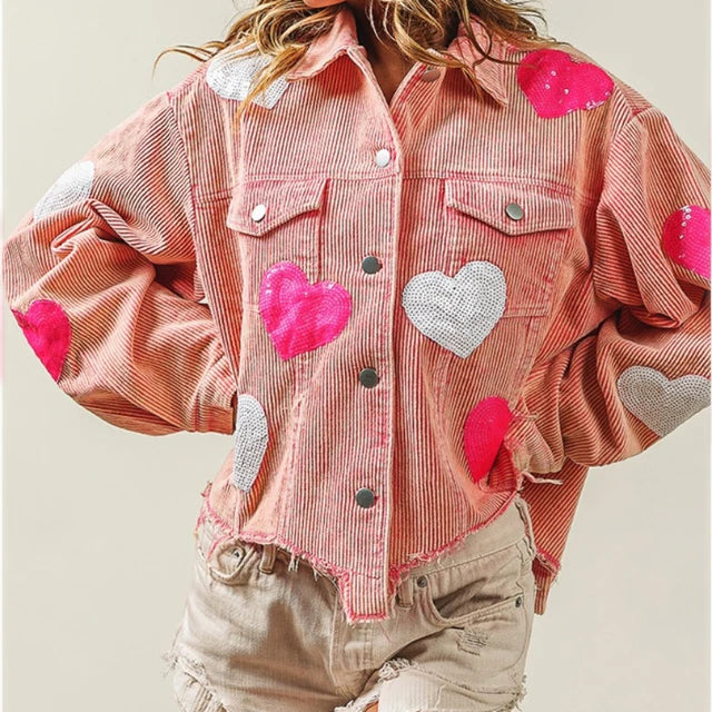 Heart-Embellished Sequin Corduroy Jacket