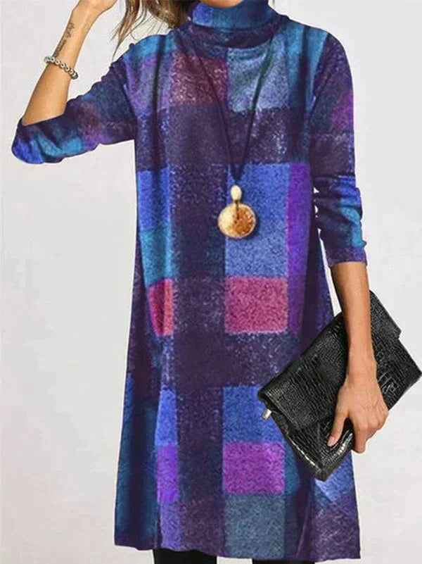 Chic Checkered Turtleneck Dress for Women