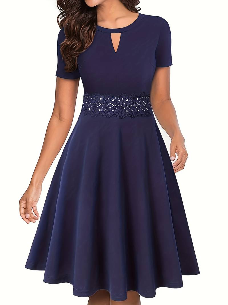 Tailored Waist Blue Dress with Elegant Lace Details