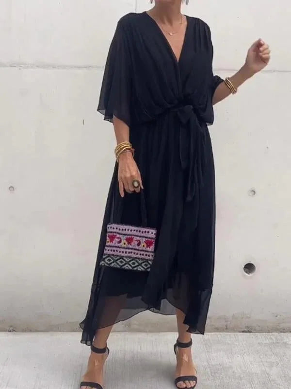Green V-Neck Chiffon Dress for Women - Perfect for Summer