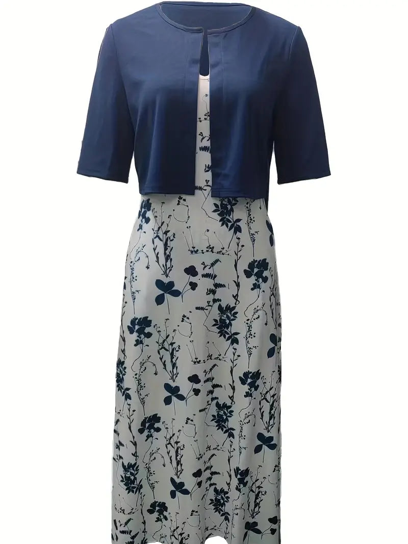 Chic Two-Piece Floral Dress Ensemble with Solid Crop Top and Round Neck