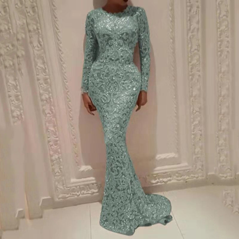Elegant Bronzed Accents Slim Fit Long Sleeve Dress for Women