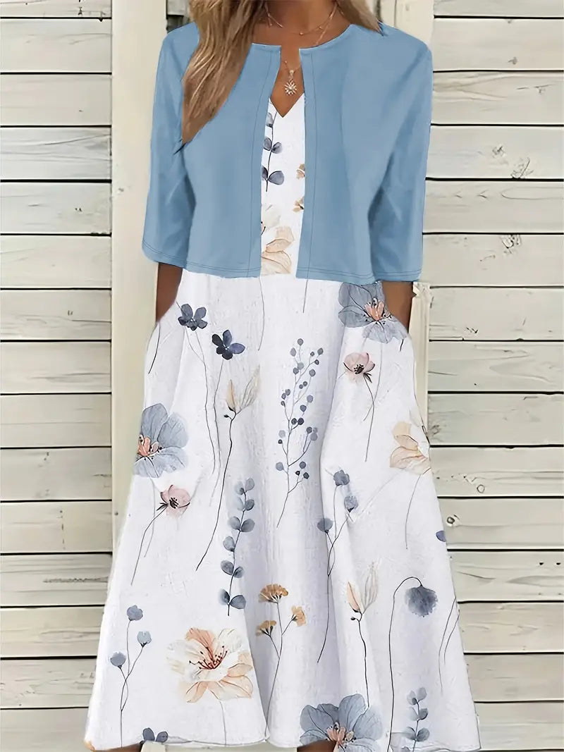 Chic Two-Piece Floral Dress Ensemble with Solid Crop Top and Round Neck