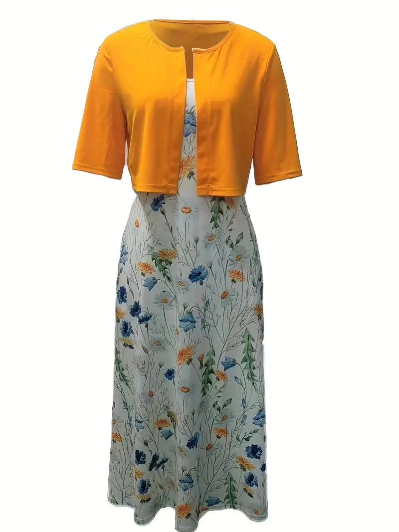Chic Two-Piece Floral Dress Ensemble with Solid Crop Top and Round Neck