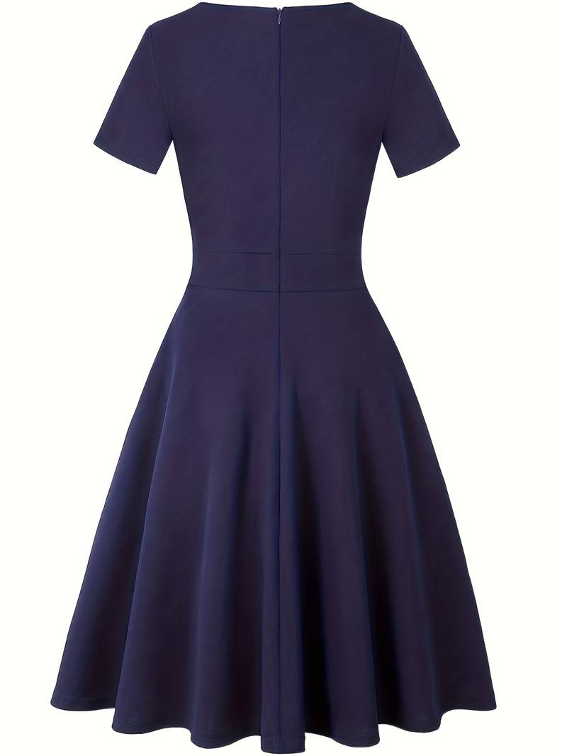 Tailored Waist Blue Dress with Elegant Lace Details