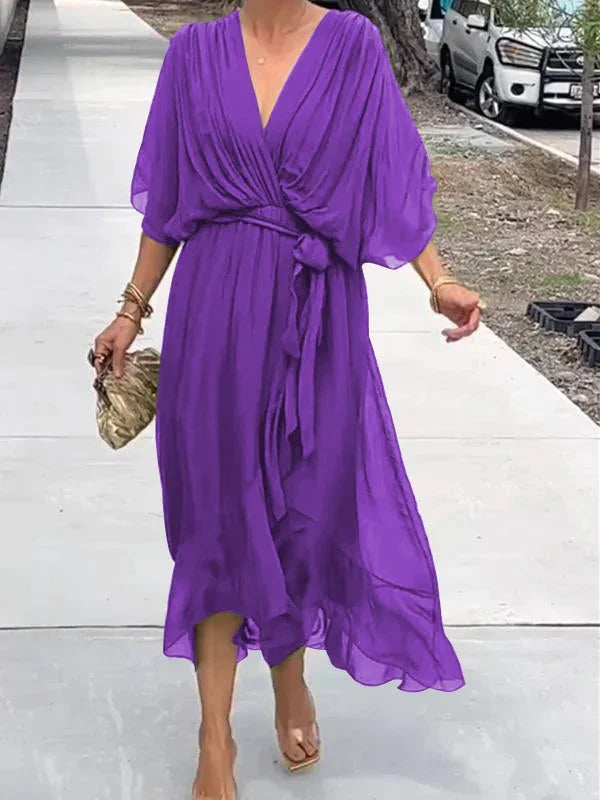 Green V-Neck Chiffon Dress for Women - Perfect for Summer