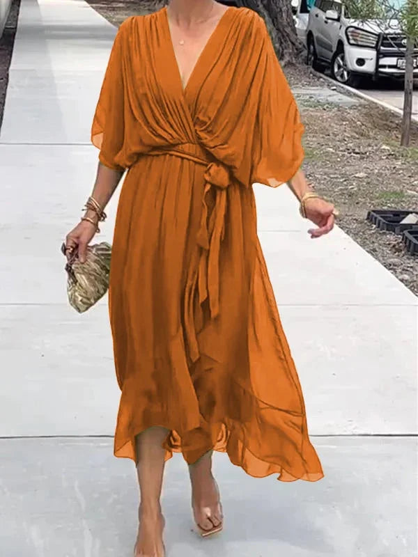 Green V-Neck Chiffon Dress for Women - Perfect for Summer