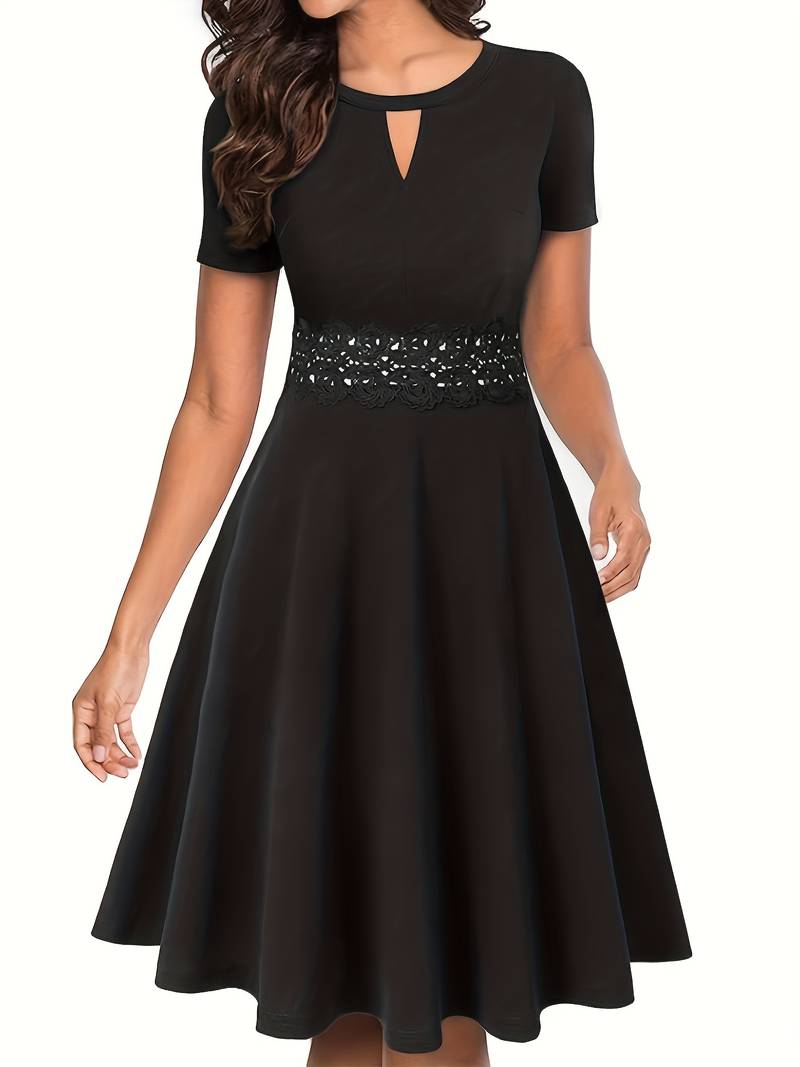 Tailored Waist Blue Dress with Elegant Lace Details