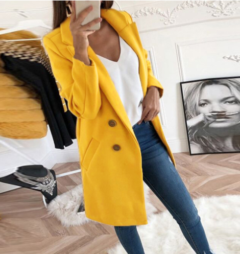 Notched Collar Double-Breasted Wool Coat for Women