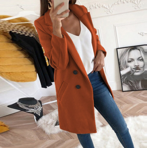 Notched Collar Double-Breasted Wool Coat for Women