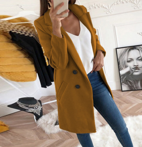 Notched Collar Double-Breasted Wool Coat for Women