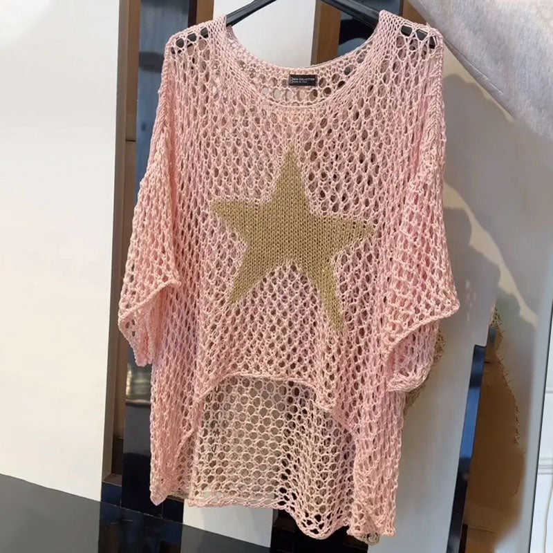 Women's Crochet Knit Mesh Blouse with Round Neck